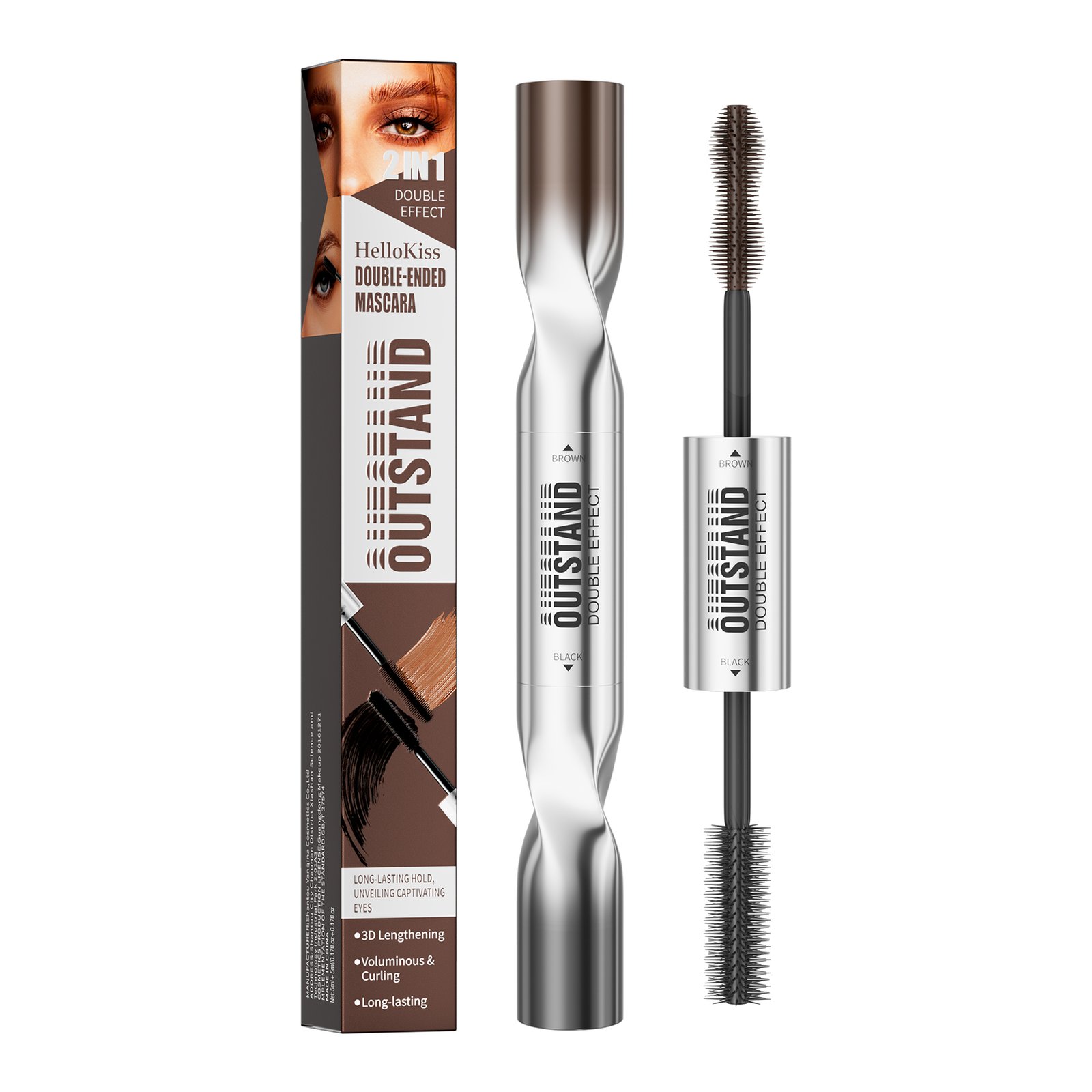 Waterproof black double-effect mascara for volumizing lengthening and curling lashes