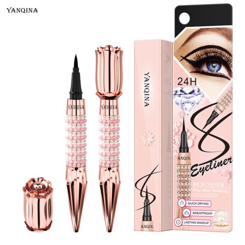 Waterproof Liquid Eyeliner Pen - Black Felt Tip Smudge Proof Eyeliner Black waterproof liquid eyeliner pen with soft felt tip and rose gold crystal packaging