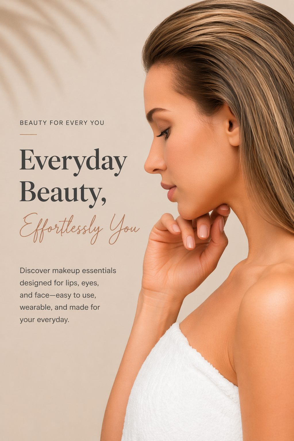 Beauty portrait banner with modern everyday makeup aesthetic in a clean neutral studio setting