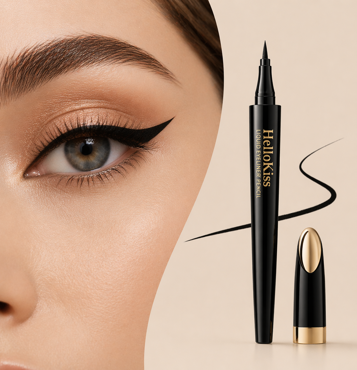 Close-up eye makeup with precise winged eyeliner and HelloKiss liquid eyeliner product