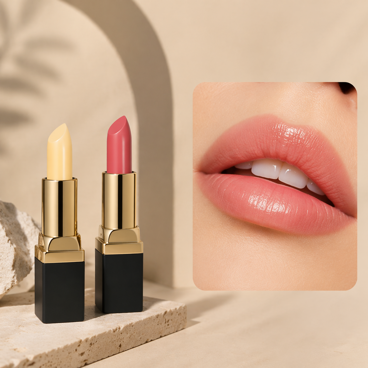 Minimal beauty image with lip balm and lipstick beside a glossy natural lip close-up