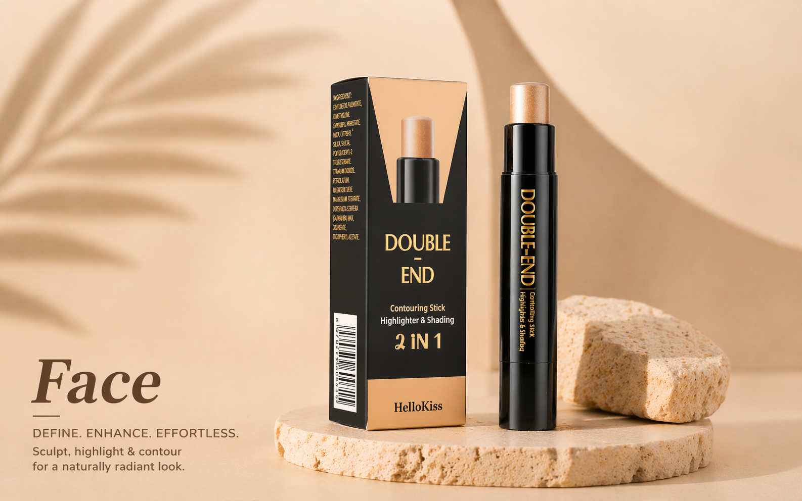 Double-ended contour and highlighter stick with packaging on a soft beige background for face makeup