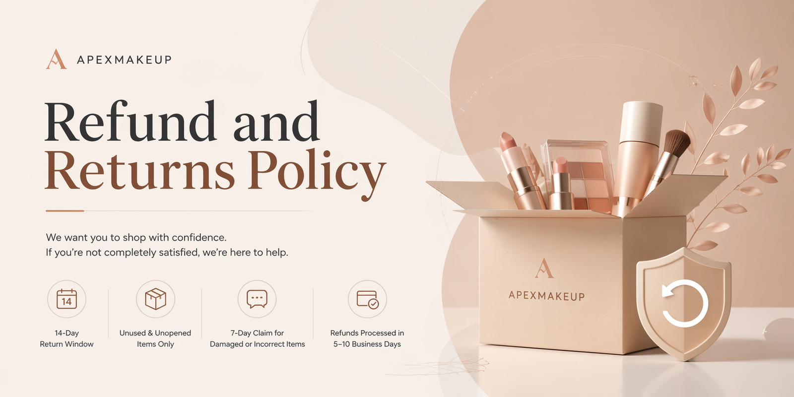 ApexMakeup refund and returns policy banner with beauty products and return protection icons