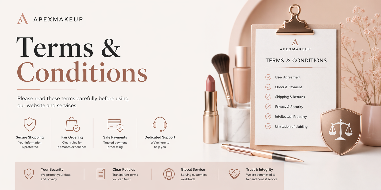 ApexMakeup Terms and Conditions banner featuring a clean legal policy design with beauty products and trust icons