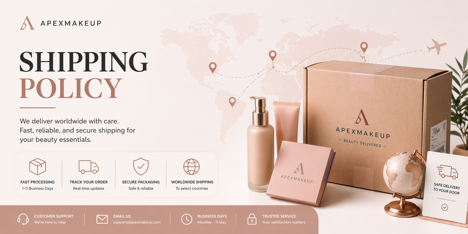 ApexMakeup shipping policy banner featuring beauty products, packaged delivery box, and worldwide shipping icons