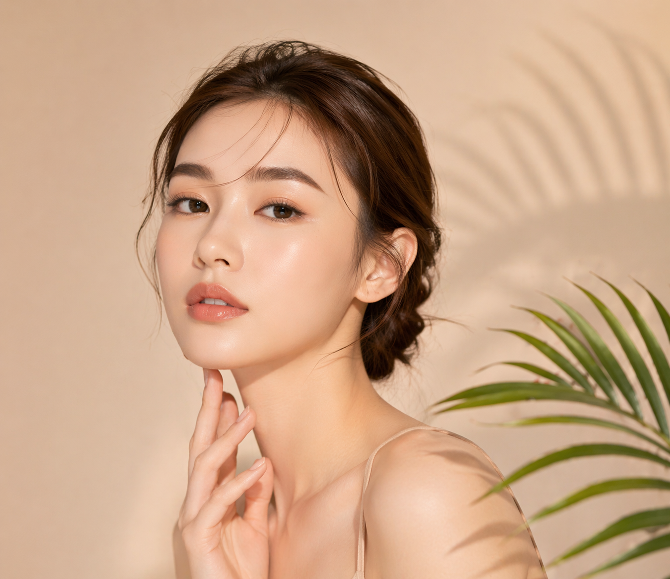 Beauty portrait of a woman with soft natural makeup in a warm neutral studio setting